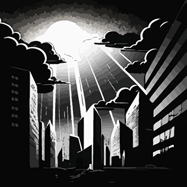 A minimalistic comic illustration of a city of skycrapers, with great detail, lights and clouds covering the sun, representing a great future, style: minimalistic flat vectors, black and white, detailed, no shades, art by Humberto Ramos.