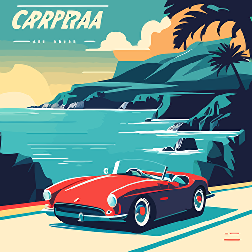 Comic modern ferrari convertible simple rally vector poster. italy coast road summer sky. sardinia, castelsardo