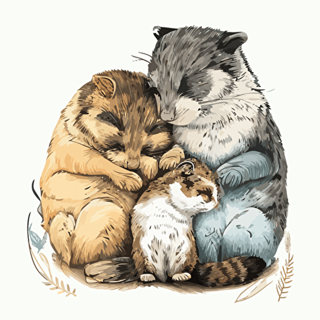 implistic vector of two marmots on their hind legs hugging each other and a calico cat sleeping