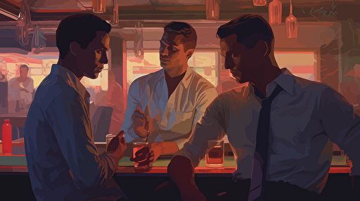 a painting of gay men at the bar in a club, in the style of sam spratt, simplistic vector art, 32k uhd, kris knight, danny lyon, marvel comics, film noir-esque