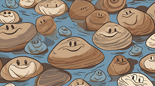 a vector design mostly blue and brown for a place called happy clam land showing happy clams on a maine bayfront rocky shoreline