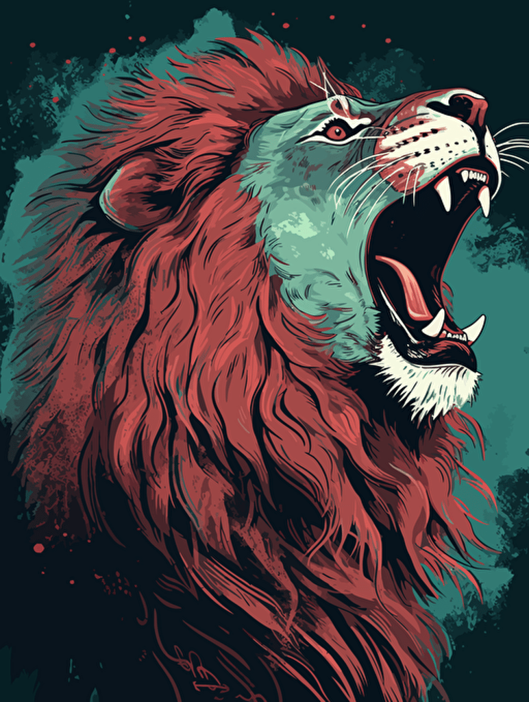 vector art of a lion roaring, red, white and turquoise lighting, 300 dpi,
