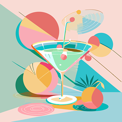 pool party, martini, music, vector illustrated, pastel colors
