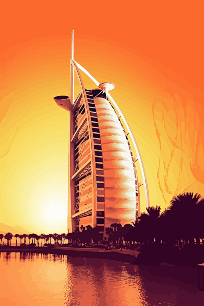 burj al arab, vector art, wistful, 1960s, sunset dubai marina backdrop,