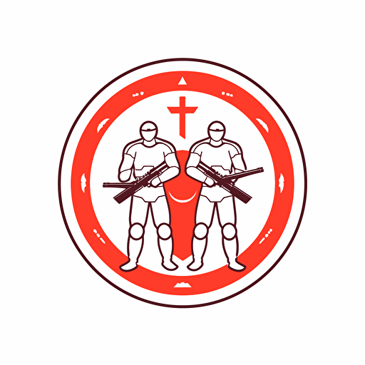 2d vector icon. crusaders with kalahnikov assault rifles searching for glory. arsenal fc logo color theme. minimalistic. simple. circle shape. white background.