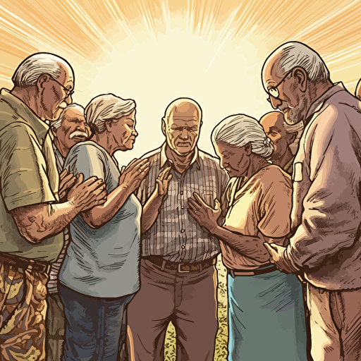 WIDE ANGLE shot. A warm sunny summer day nearing sunset as background, Vector art, softly colored. a small group of elderly modern day Christians have gathered casually to pray with a old bald guy in the middle. They are huddled together praying with heads bowed and holding each other's hands facing the horizon. angel spirit hovers above them.