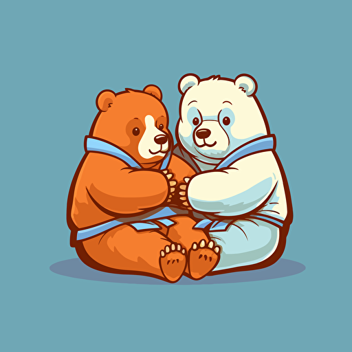 Two Bears practicing jiu jitsu on top of each other on the ground, vector animation illustration, 4 colors limit, solid background, high resolution