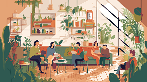 vector art of young 20 to 30 year old people inside a coliving space, men and women having fun and laughing, plants, books