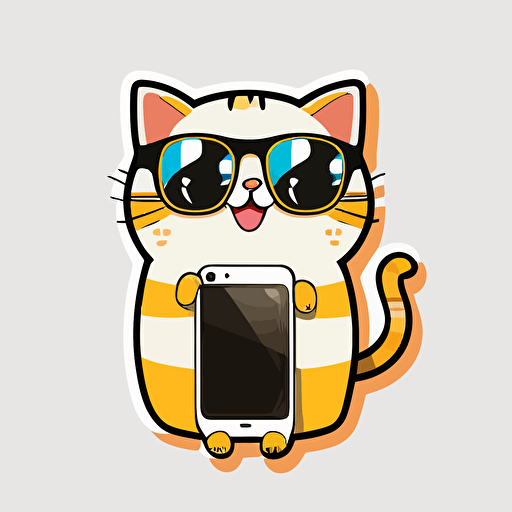 Kawaii cute happy cat wearing handphone sunglasses, professional Sticker vector, contur white background