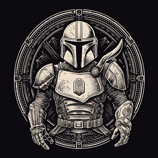 the mandalorian all silver armour, logo in the style of shepard Fairey, vector art, lino cut style, monochromatic, grain effect,