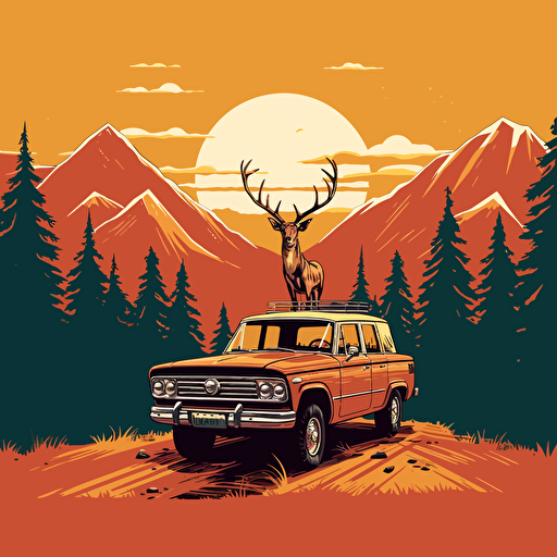 elk sitting on the tailgate of a pickup truck singing, black and white Illustration, simple vector ::vector style