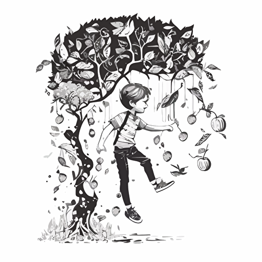 boy flying over tall and skinny tree, with branches that twisted and turned in every direction. Black and White vector illustration. Cheerful image with magical fruit around