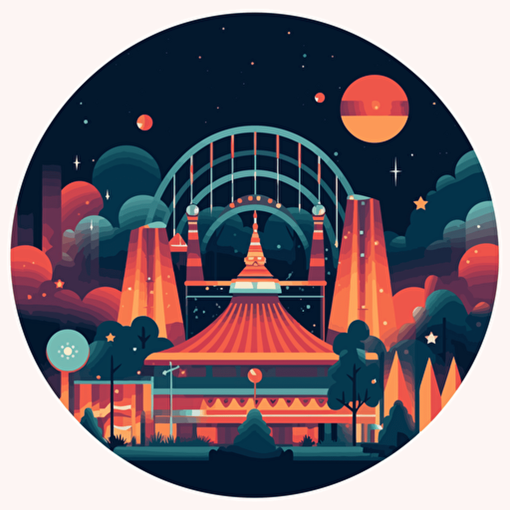 simple vector illustration of a fairground at night, large circle in the center