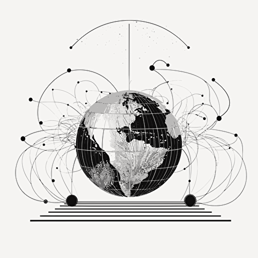 vector art, surreal design, cyber sigil, flat design, black and white, white background, a straight line of wires connecting a computer to a globe in a straight line