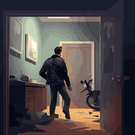 concept art, vector, simple background, man in leather jacket, sneaking in office