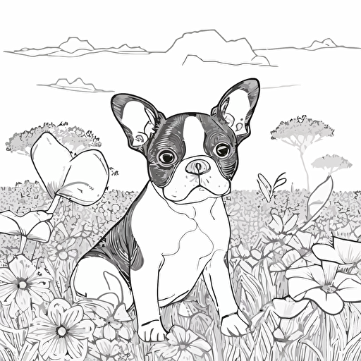 Happy cute boston terrier, big cute eyes, simple outline and shapes, coloring page black and white comic book flat vector, white background, sharp contours, strong line, landscape background, flower field background