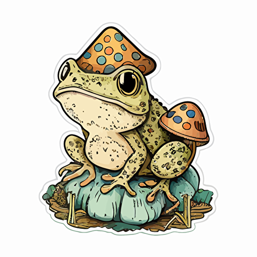 cute frog with toad stools, Sticker, Adorable, Textured, Minimal, Contour, Vector, White Background, Detailed