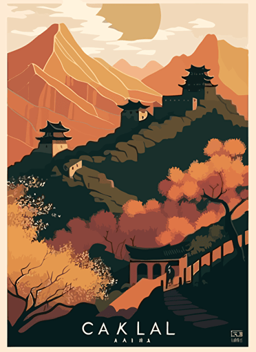 Experience the grandeur of the Great Wall of China with a majestic and awe-inspiring illustration bathed in soft morning light. Travel poster, vector flat illustration.