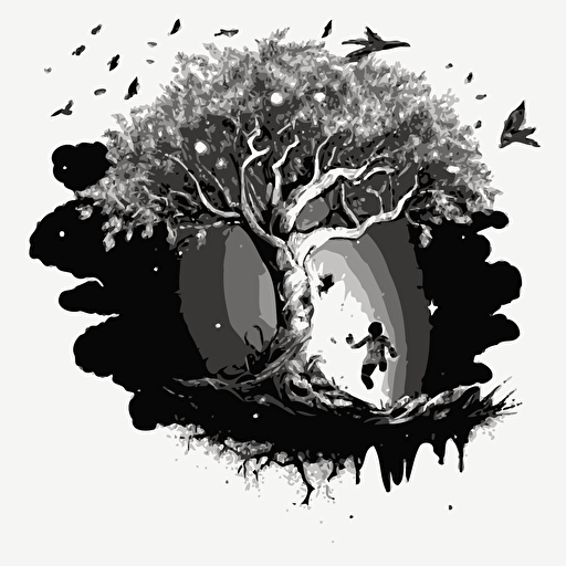 Little boy flying above magical tree. black and white vector illustration