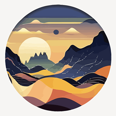 flat vector art of a soft wave in front of rounded mountains in the silhouette of a circle. Mountains are far in the distance. Feeling is happy. 5 colors.