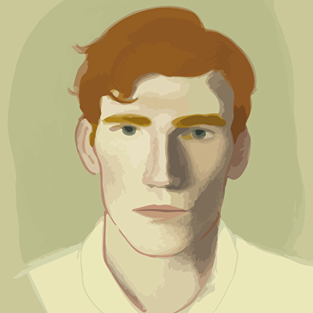 Young man, brown eyes, tapered auburn gold hair, no other distinctive features, focused stoic demeanor, meditation, headshot, muted colors, simplistic, vectorized, pencil sketch