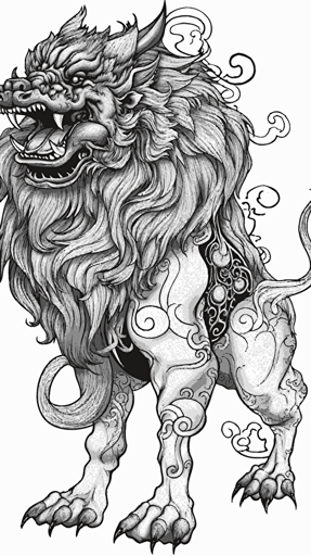 Vector art of a shisa guardian lion-dog created in Adobe Illustrator , black line work, no color, side view, white background