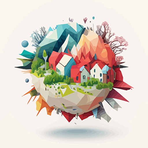 a 360° geometric shape that explodes with a small town inside. Nature is represented. Vector and childish style. Very colored. white background without shadow.