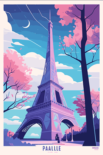 flat vector art illustration | travel poster featuring | Eiffel Tower Paris | Pastel Blues, Pinks, Purples | Wide Angle