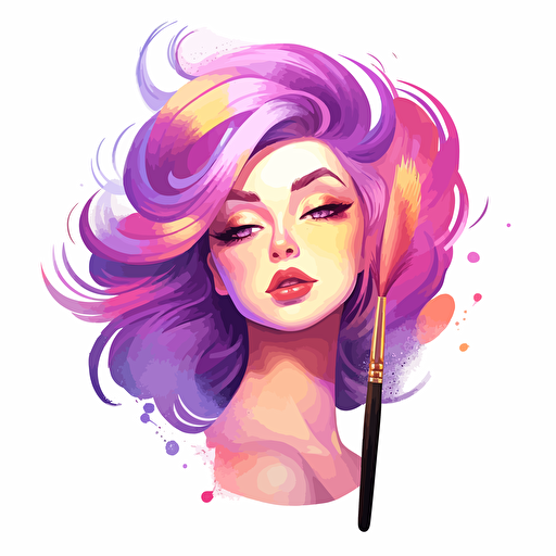 girl make up brush, big head brush, pink purple, golden body, illustration, vector art, 2d game art