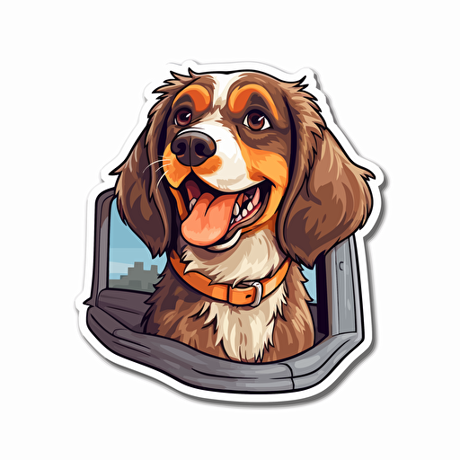 a sticker design, clipart vector style, of a dog with his head out the window, logo vector illustration, the dog looks happy, chillin, enjoying the ride, isolated on white background