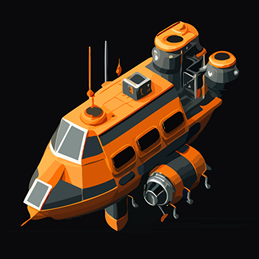 heavy duty space vessel, vector, simple, minimalistic, isometric, orange and grey, black background