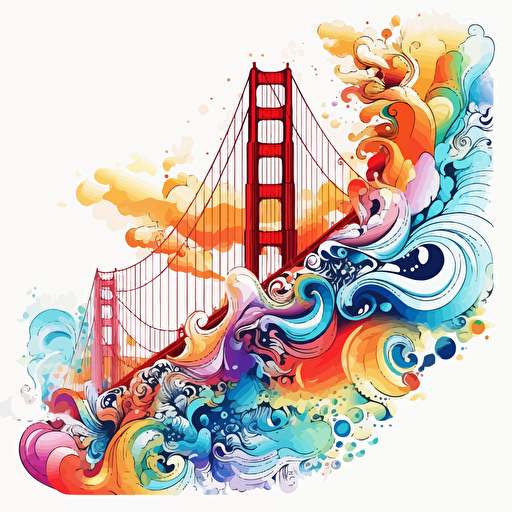 16 colors, colorful vector art, golden gate bridge and transamerica pyramid in a galaxy, swirl patterns, white background