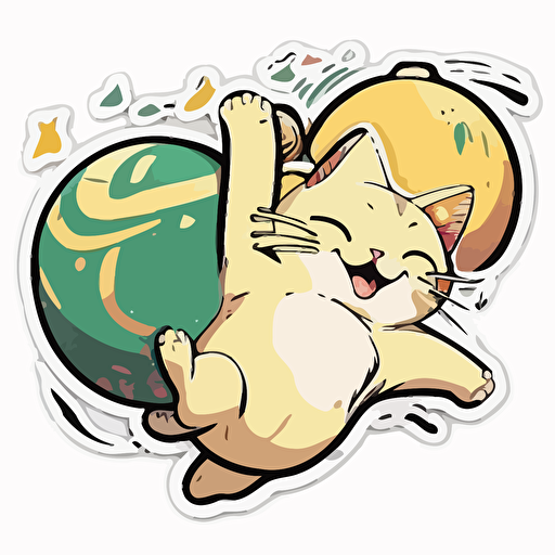 sticker, happy friendly cat playing with ball, liu yi artist style, vector, contour, white background