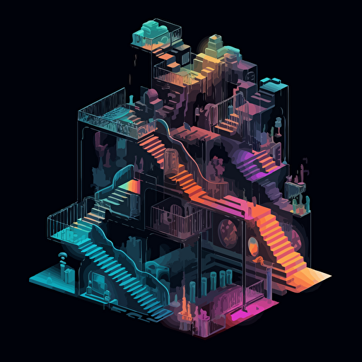 black mezzanine, cutaway view, many iridescent staircases, isometric, vector shapes, magical