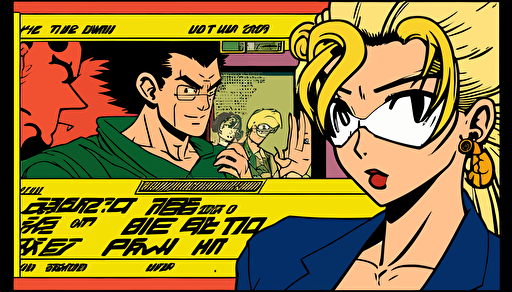 a panel from a Shōnen manga depicting a movie credits that read Late 1980s, color pop, flat vector art, bright colors, high resolution