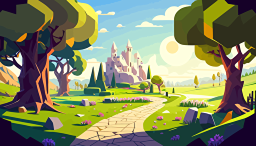 vector unreal render landscape with a path to a castle like magic kingdom bright morning sky, no trees, flowers, lush greenery and dappled sunlight,