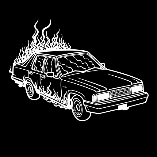 burning police car in the style of Mike Giant, white on black background, no shading, 2D, vector, minimalist, solid line