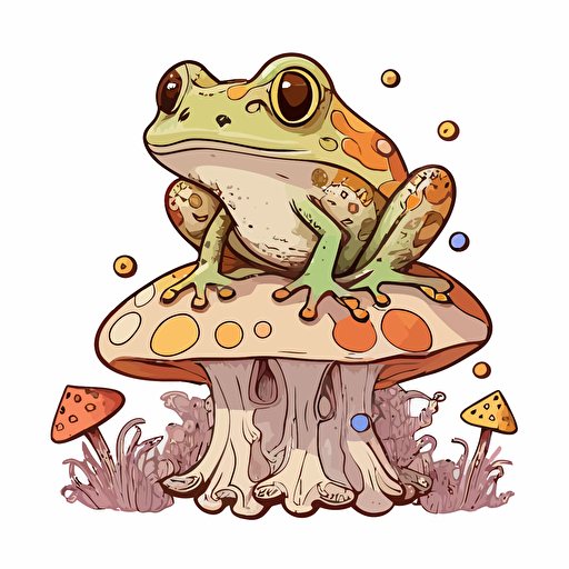cute frog with toad stools, Sticker, Ecstatic, Muted Color, outsider art style, Contour, Vector, White Background, Detailed