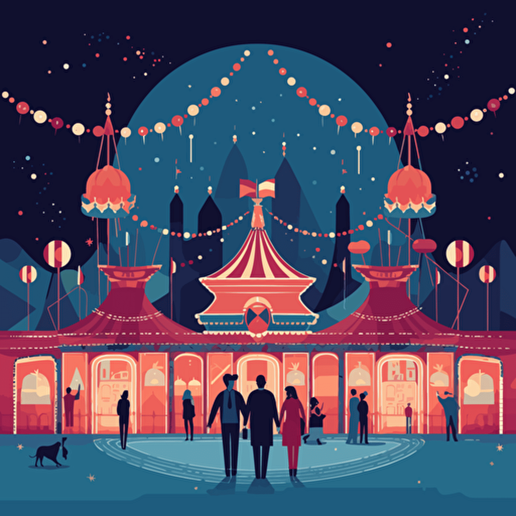cute simple vector illustration of a fairgrounds at night with a couple of people