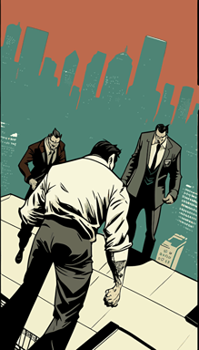 a rooftop scene as a cover, two yakuza gangster holding a man headfirst over the edge of the bulding threatening to let him fall, yakuza, manga comic style, simple vector illustration, flat design, cover, simple city background