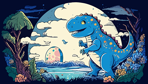 a panel from a Shōnen manga depicting a cute baby tyrannosaurus rex coming out from and egg, cartoon style, tender, lovely, in the background a very blue lagoon, magical scenery, moonlight, color pop, flat vector art, bright colors, high resolution