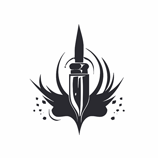 simple symbol design of a sword, fountain pen, ink, and music, 1950's style, vector, company logo, white background