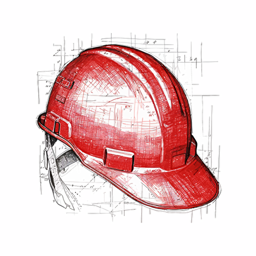sketched, unfinished blueprint vector drawing of a red hard hat on a simple white background. Eye-Level Shot