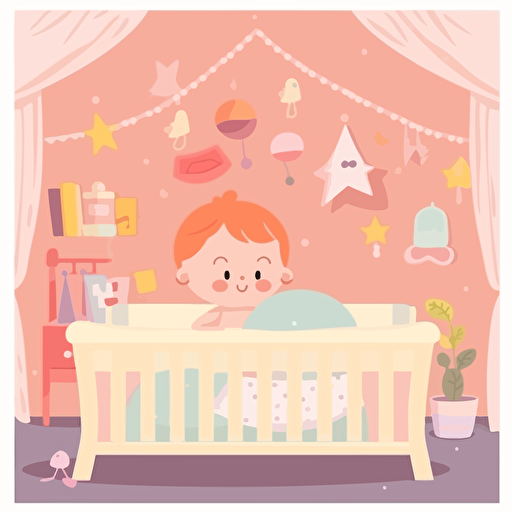 a happy little baby lying down in her crib in a baby room. Vector illustration.