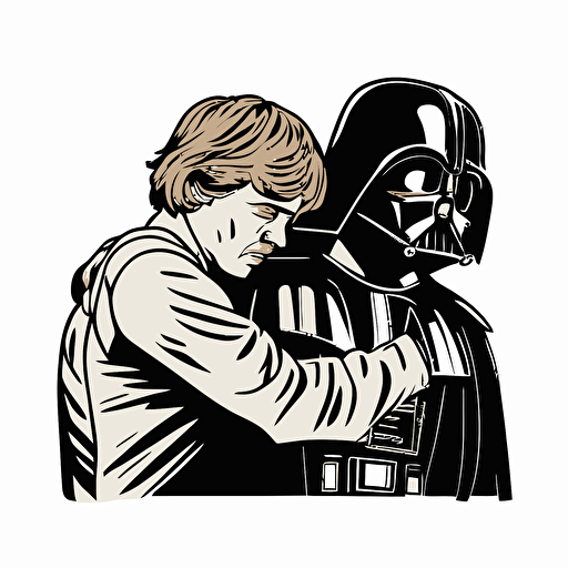 Darth vader and luke skywalker hugging, Clipart, Enthusiastic, Primary Color, comic style, Contour, Vector, White Background, Detailed