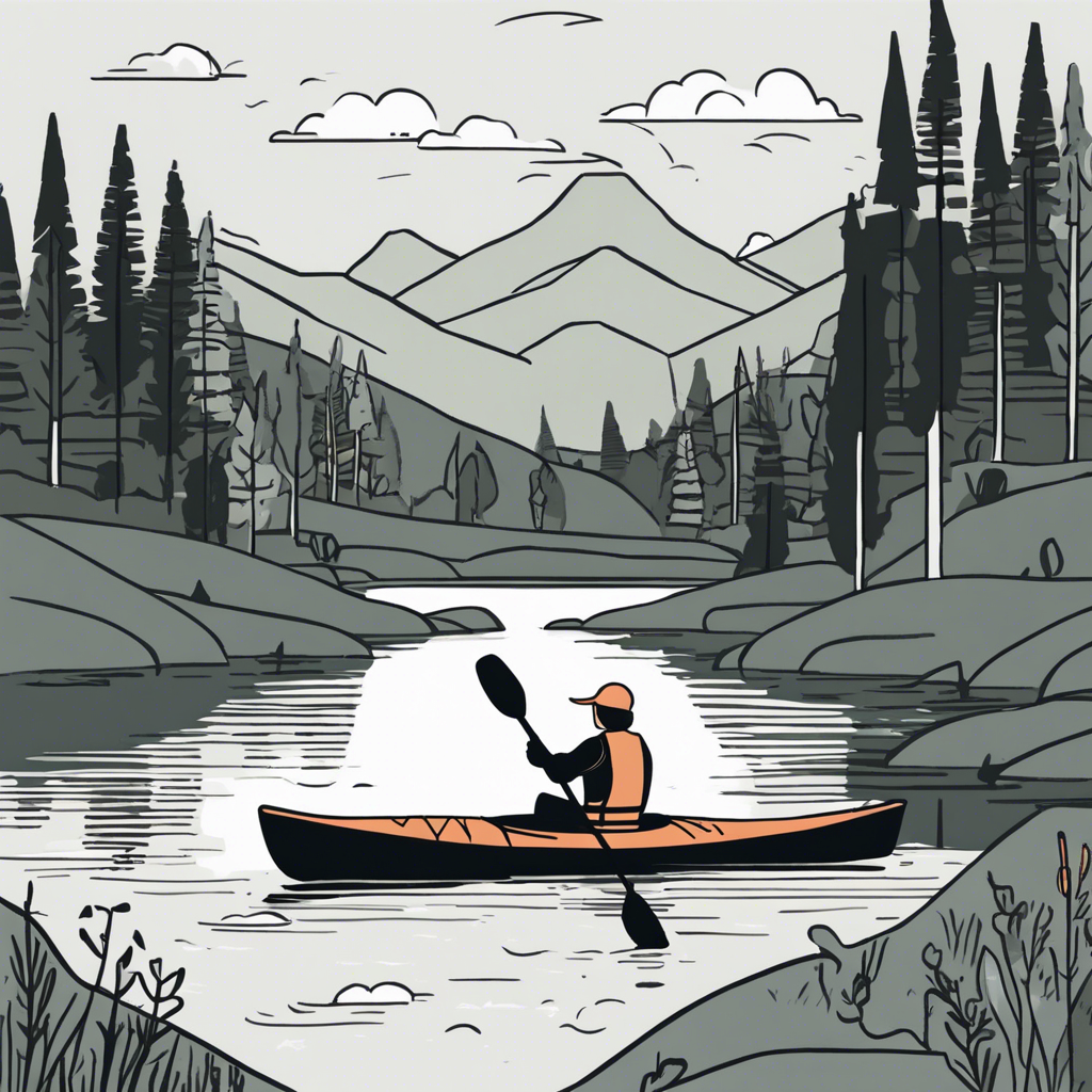 Person kayaking in a tranquil river, illustration in the style of Matt Blease, illustration, flat, simple, vector