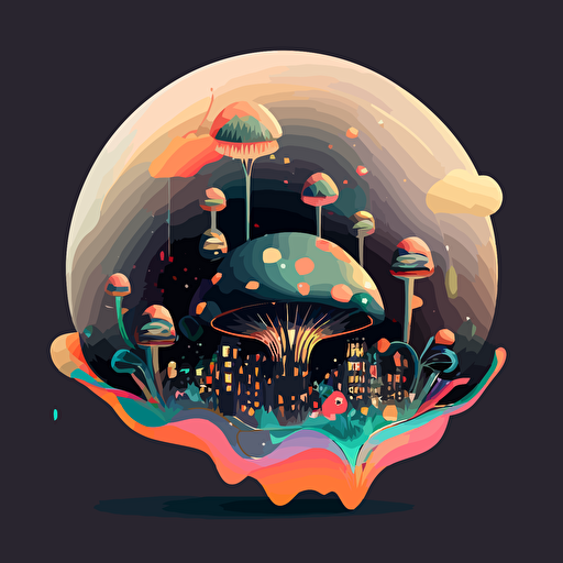 translucent space mushroom planet city,trippy art,vector style,stars,ultra simple,symetrical