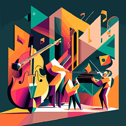 Inspired by Pablo Picasso's Cubism, create a vector illustration of a lively music concert where the musicians, instruments, and audience are depicted using geometric shapes and a limited color palette. Set the scene in a modern-day setting.