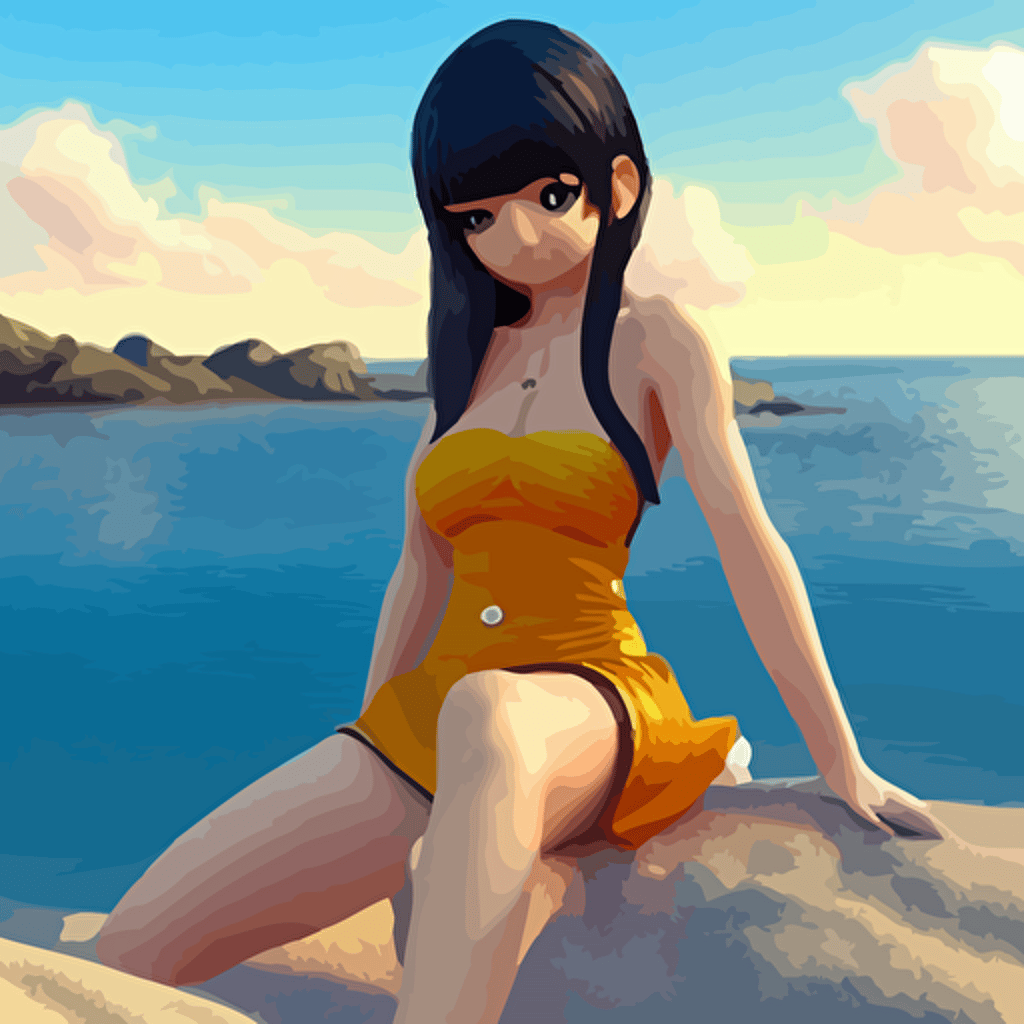 nico robin render beautiful 3d anime girl long hair hazel eyes cute freckles round face short smile cute sundress golden hour serene beach setting medium shot mid shot highly detailed trending artstation unreal engine 4k