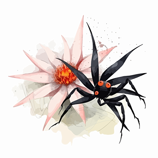 black widow spider flowers, detailed, cartoon style, 2d watercolor clipart vector, creative and imaginative, hd, white background